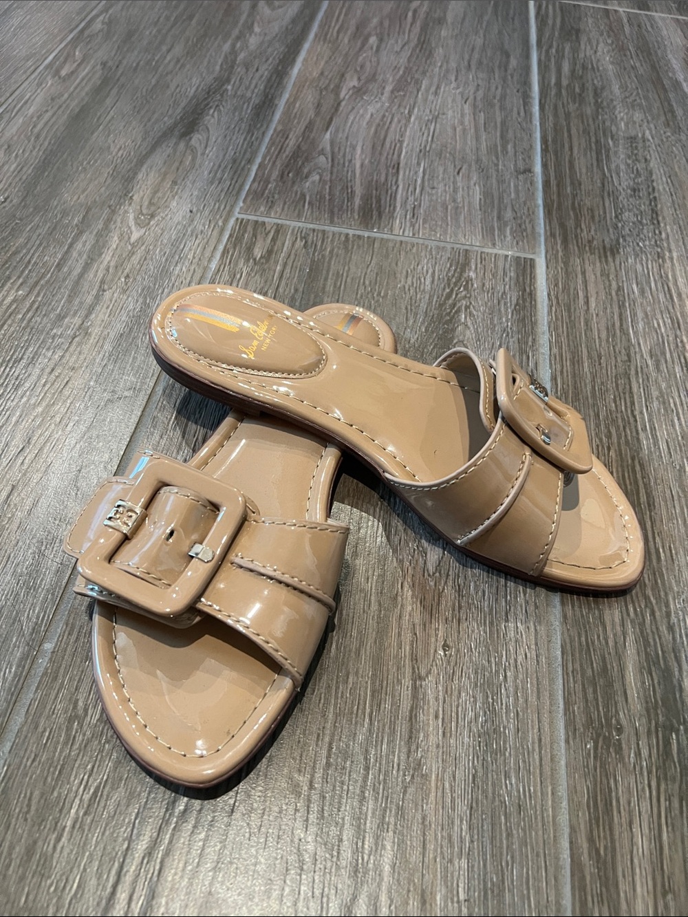 Sam Edelman Patent Leather Buckle Slide Sandals in Beige